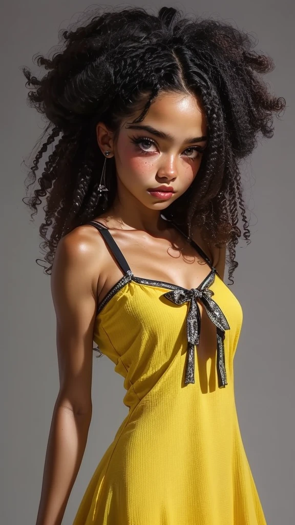 dark brown skin girl,16 years old, huge gorgeous afro hair and big eyes, wearing a yellow dress, soft expression. semi realistic. flat figure, fit body,