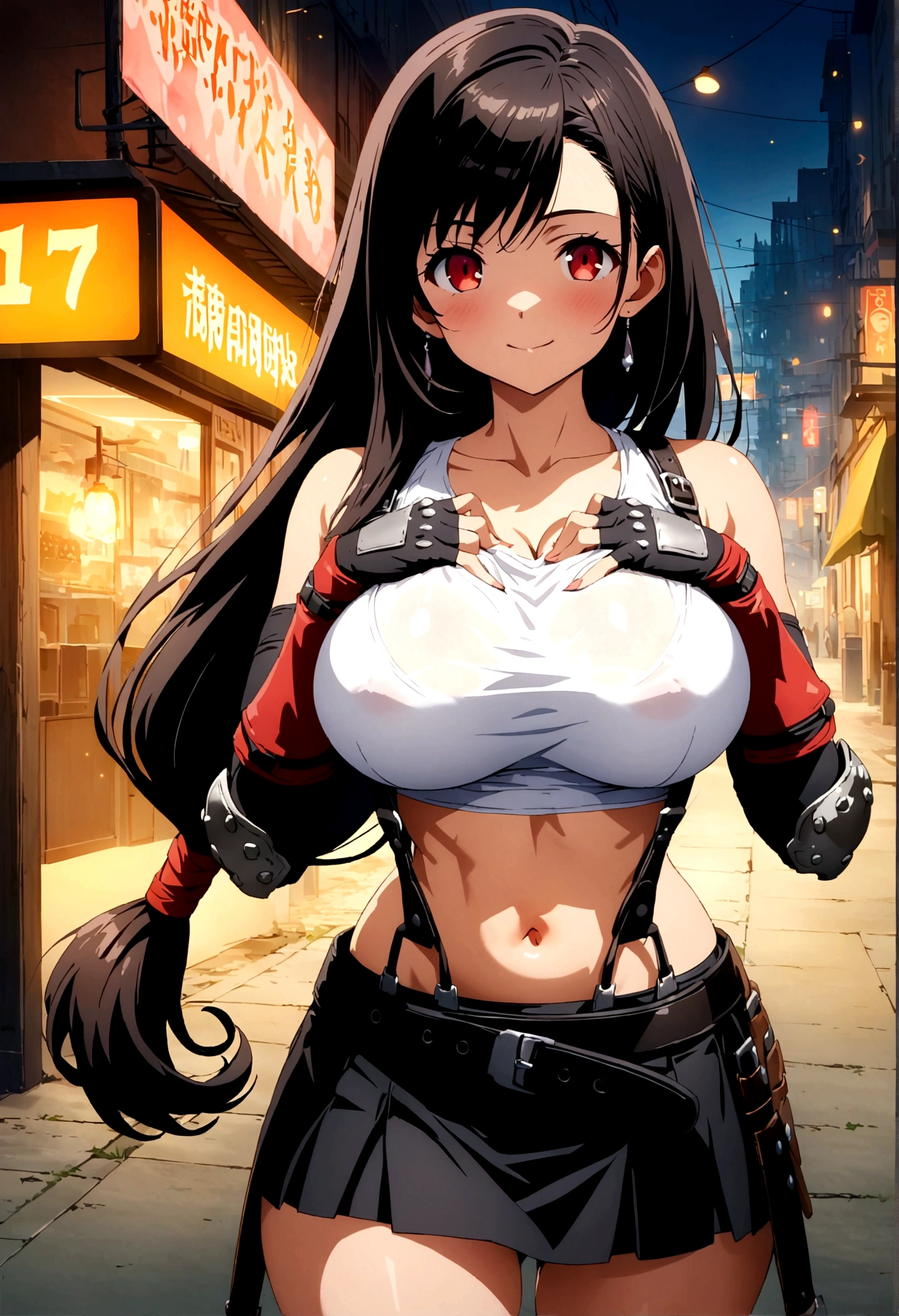 score_9, score_8_up, score_7_up,4k, ,BREAK , from front,from side,breast focus,standing,straight-on,(breast suppress,breasts squeezed together),,(medium shot),looking_at_viewer ,1girl, tifa lockhart, final fantasy, tareme,black hair, low-tied long hair, red eyes, bangs, white tank top, belt, pleated skirt, thighhighs, elbow fingerless gloves, elbow pads, midriff, navel,suspender skirt ,big_breasts,(light smile),Curvy waist ,Solo,,(midnight and beachside and city),Toned,,detailed skin,(best quality),(aesthetic,very aesthetic),masterpiece, highres,4k,(ultra-detailed:1.4) (illustration:0.4), (ray tracing,:0.7),(anime colored:0.7),(ai-generated:0.5), (anime screencap:0.8),megami magazine