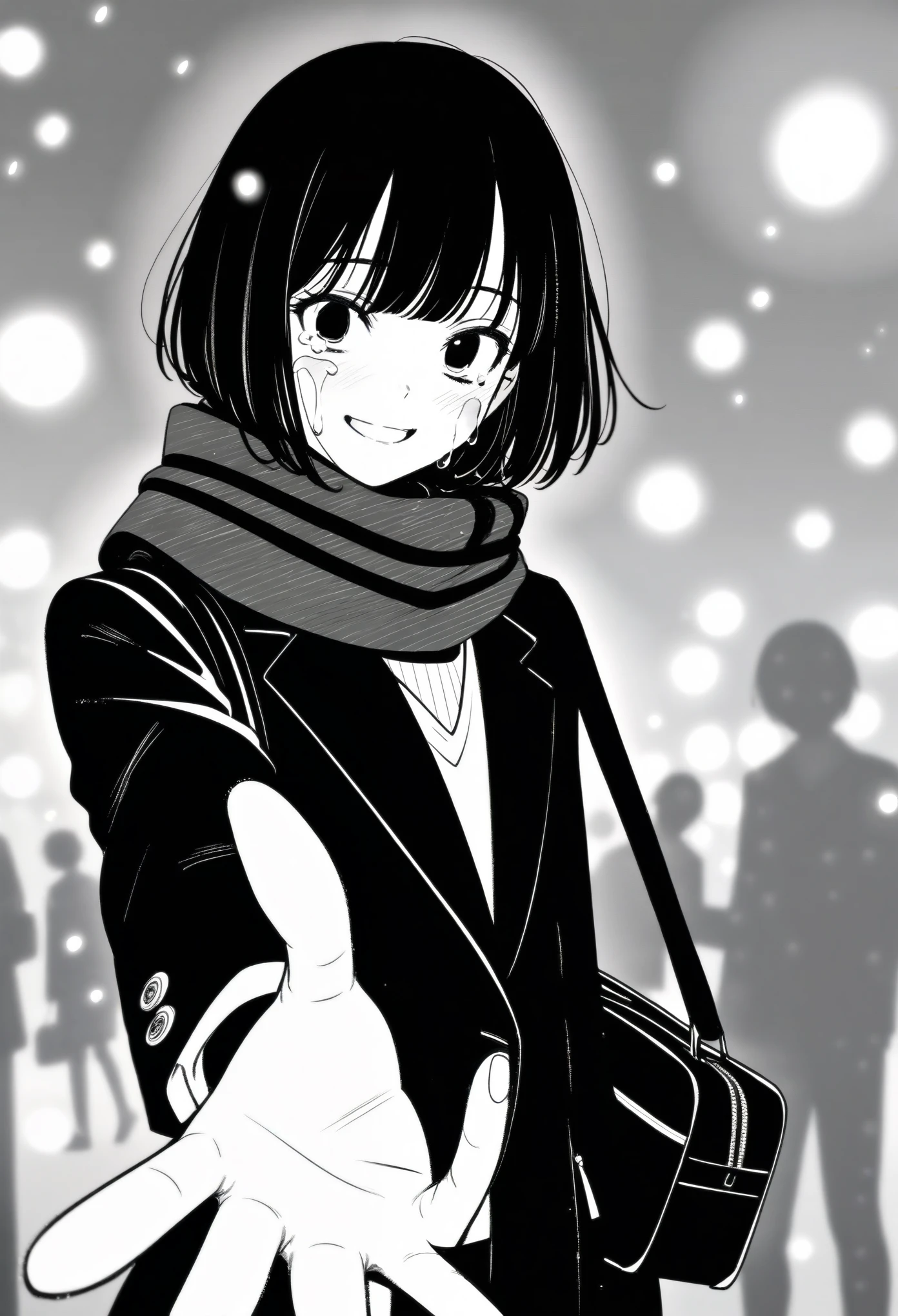 masterpiece, best quality, 1girl, mamerakkkkko, grayscale, manga style, japanese, chi no wadachi, black eyes, street, iced, black hair, schoolbag, smile, lineart, black coat, black scarf, black pleated skirt, leggins, centered, 18 years old, tall, fair skinned, bokeh background, crying, tears, tears streaming, bob cut, light particles, centered, snowing, (((reaching out a hand to viewer)))
