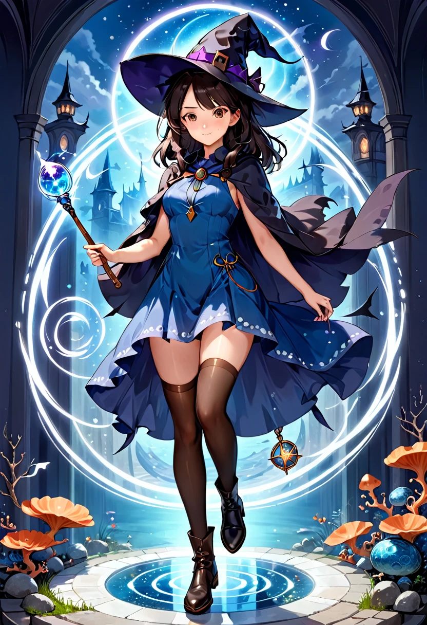 A beautiful witch in the style of Studio Ghibli, 1.55 tall, 16 years old, medium-length black hair, light brown eyes, fair skin, wearing a knee-length transparent blue dress, black stockings and dark brown boots, a black and cinnamon cloak, a light brown handbag and a magic wand made of coral lizard. 8k image, ((highest quality)),(ultra high resolution),(Super detailed),(detailed description),((best GC)),(best artwork),super art precision,great drawing- art(Fantasy art with precise details:1.5),(witch:1.6),(and pretty cute shaped face:a 1.5),(Magic circle floating:1.6),dynamic pose:1.5,boots:1.3, magic circle, final fantasy XV style, 4K, super sexy, without panties