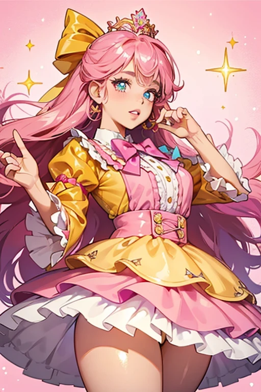 Glitter Queen has brown skin with azure eyes, her lips and cheeks are pink. Her glittery, hot pink frizzy hair flares out and is worn with a large orange bow. She wears a skirt matching her hair and bow, and a mustard blouse. Her flats are hot pink. SPARKLE; GLITTER