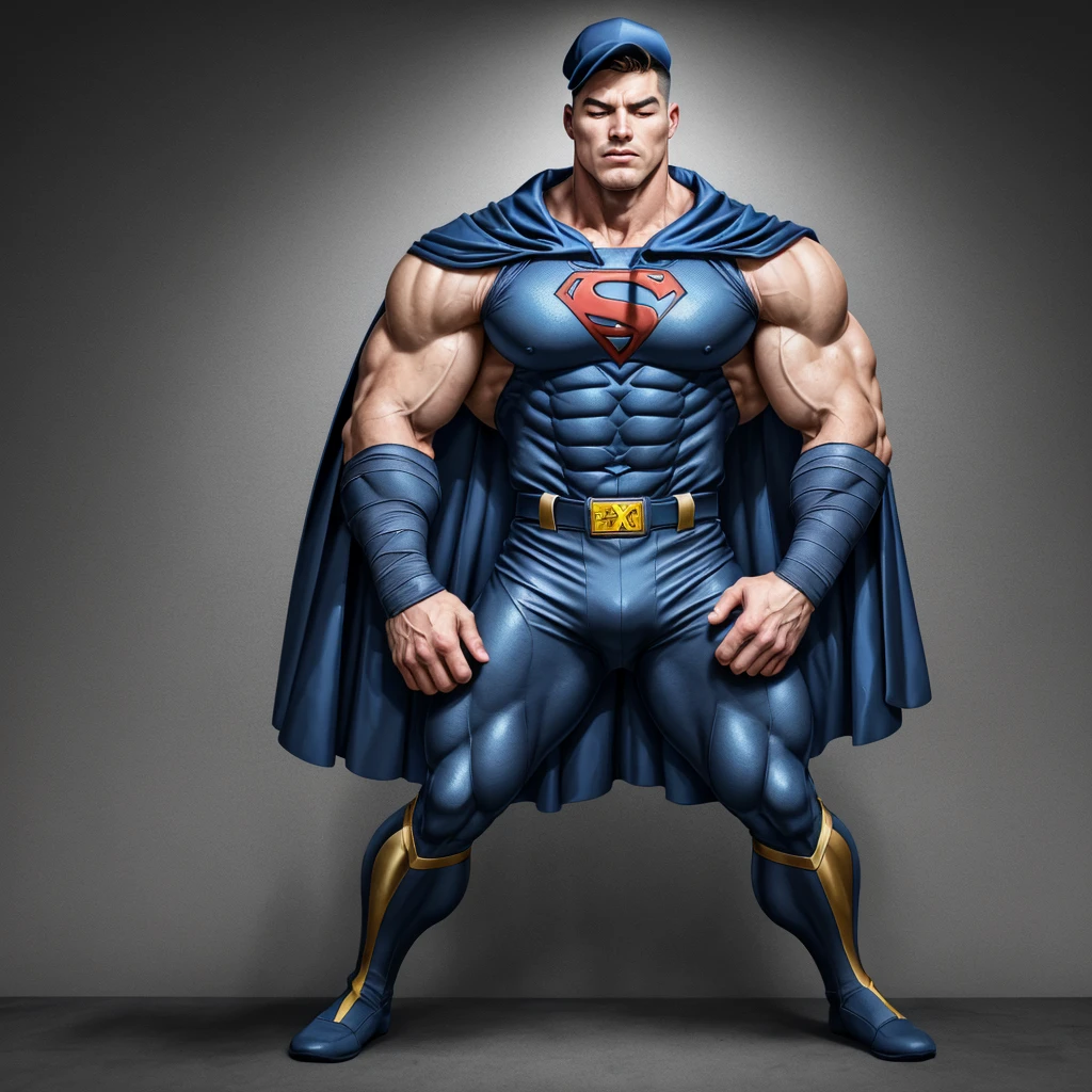 A realistic 3D male model in full body composition, wearing a full body hero suit and cape in the pattern of a professional baseball uniform, a very short haired, crew cut, cool, dandy-like, veteran-aged man with a shiny, sparkling blue cape that is longer than his body, gloves and a cap are always worn, an original hero, only the eyebrows, eyelashes and eyes are visible, his mouth is bandaged and sealed, the upper half of his face is bare with a sharp gaze, he has six pack abs, a muscular macho man with a sturdy body, he has both legs closed, his hands are clasped behind his back in an X shape, his whole body is bound and sealed with duct tape and he is held down. He has collapsed from exhaustion and is sleeping with his eyes closed. A coat of arms, in a dark room background, his whole body facing forward, backward, left and right (north, south, east and west), an image of him being restrained and mummified.