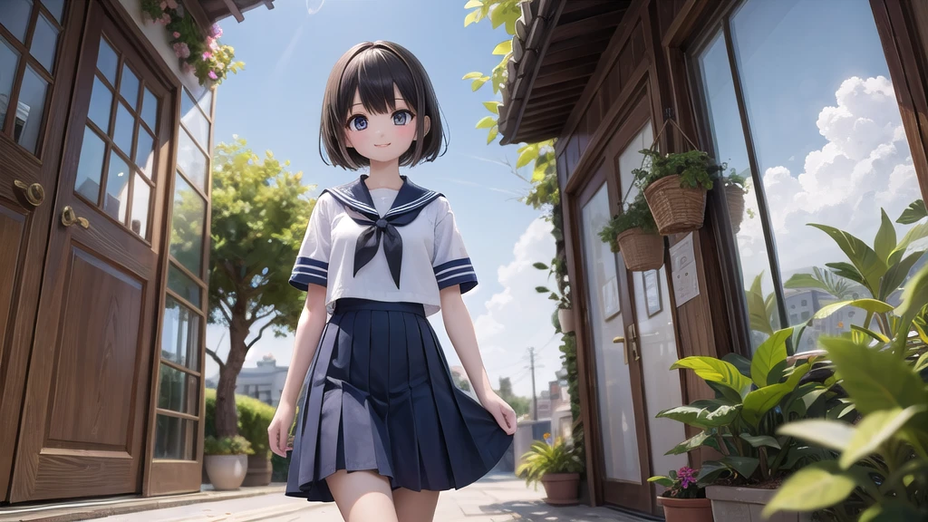 (masterpiece), town, blue sky, One Girl, smile, alone, Sailor suit、Long skirt, Overgrown, petal, plant、Skirt lining、Translucent slip、Nostalgic