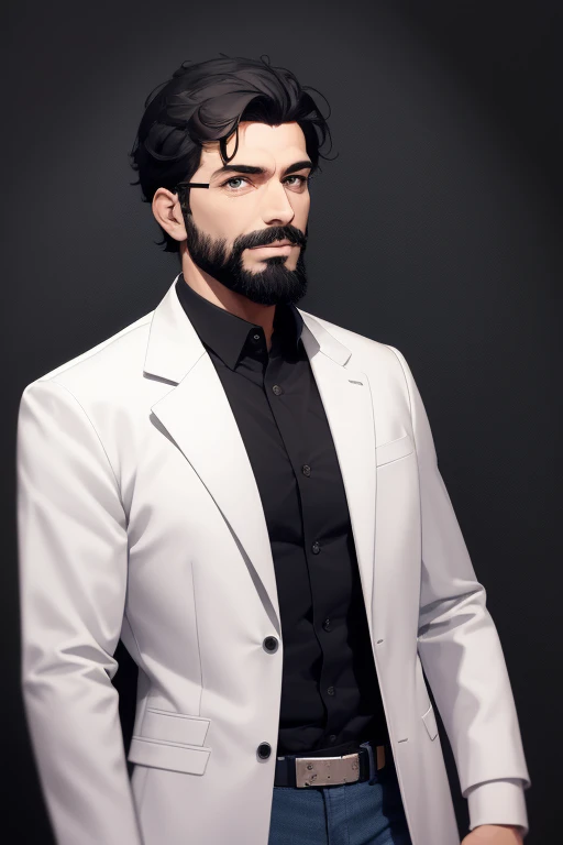Handsome scientist 40 year old man, short black hair with black beard, dark gray eyes, open white scientists coat, blue jeans, black shirt, black belt, looking directly at viewer. a white background.