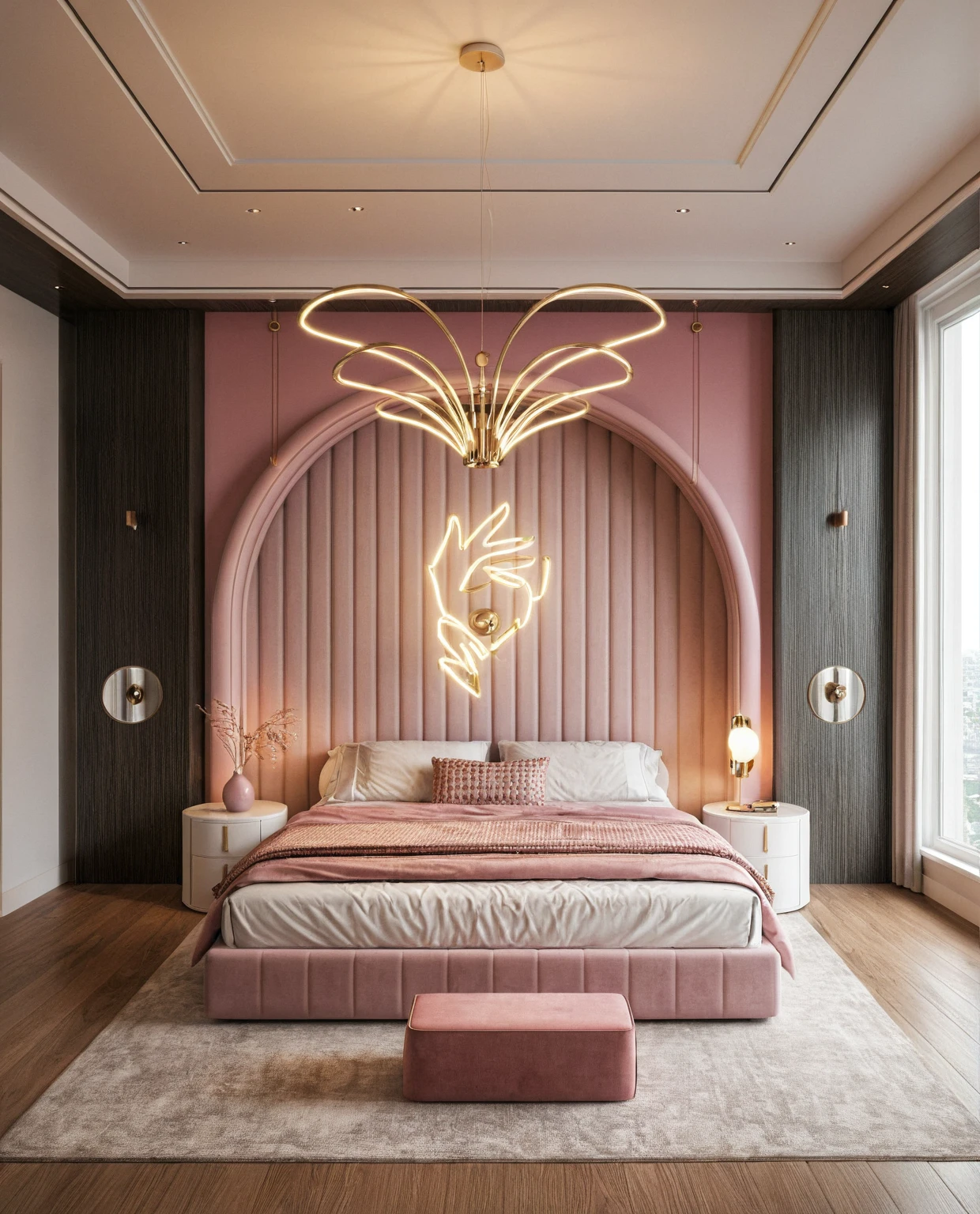 Raw photo,Masterpiece, high quality, best quality, authentic, super detail, interior, ((girl's bedroom)), ( style modern luxury), sunset, day light, bed, carpet, curves, bedside cabinets, wood floor ,wardrobe, led, table lamps, butterfly chandelier , windows, curtains, downlight, pink and white tones