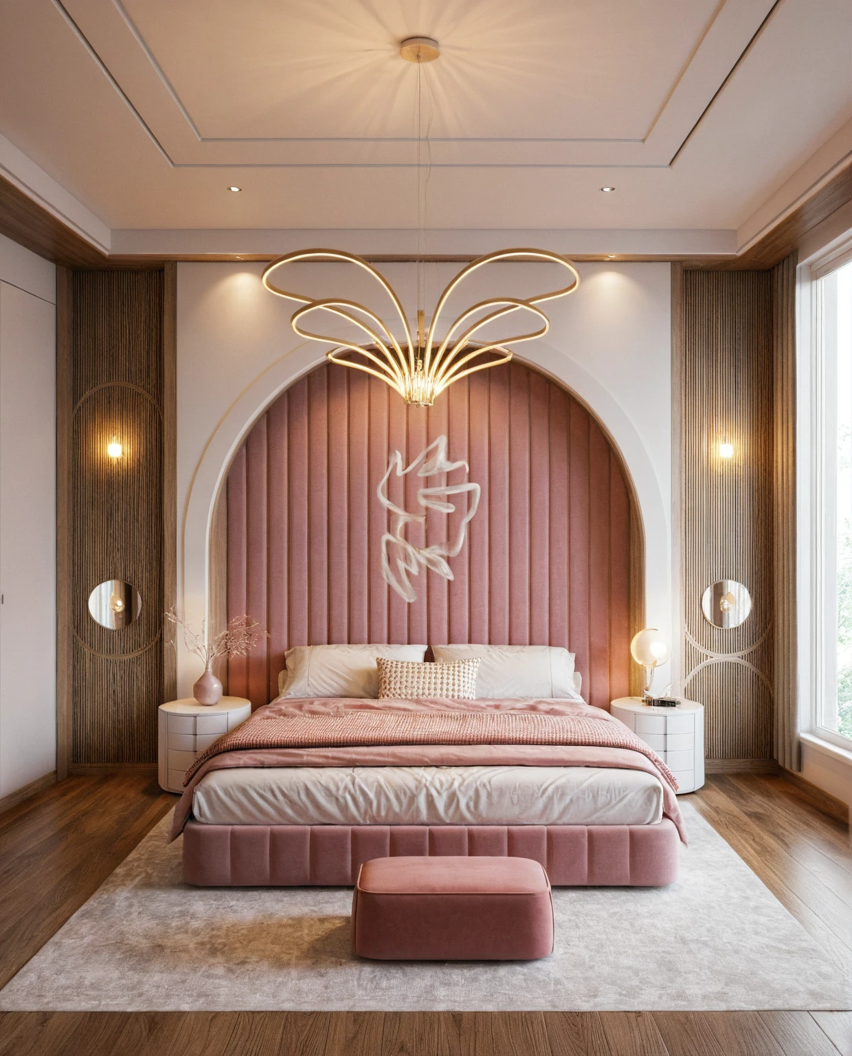 Raw photo,Masterpiece, high quality, best quality, authentic, super detail, interior, ((girl's bedroom)), ( style modern luxury), sunset, day light, bed, carpet, curves, bedside cabinets, wood floor ,wardrobe, led, table lamps, butterfly chandelier , windows, curtains, downlight, pink and white tones