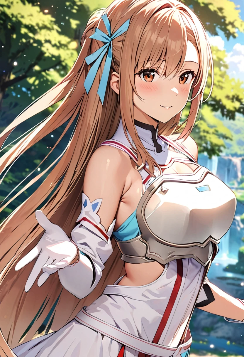 ((masterpiece)), Highest quality, Very detailed,(One Girl),Yuki Asuna、Asuna (stay), brown eyes, bare shoulders, breastplate, armor, detached sleeves, gloves, white gloves, dress, (red and white dress), Long Hair, Beautiful background ,Clothing,  chest, 