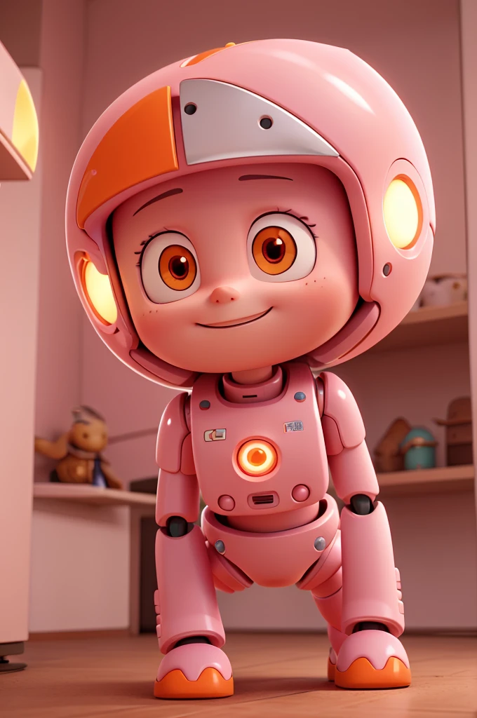 Create the image of a light pink and orange robot with silver accents and a friendly countenance