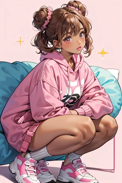 Hoops has tan brown skin and pink blush with electric pink lipstick. Her eyes are brown, and her black puffy hair is worn up in buns with straight cut bangs. Her outfit is composed of an orange onesie with Baby 00 written in pink, worn beneath an electric pink and white sports jacket. Her orange and white high tops are worn with white sports socks accent by two electric pink lines. SPARKLE; GLITTER
