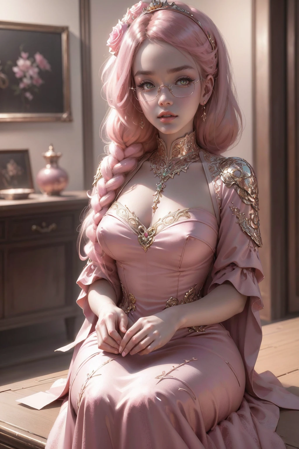 {-erro_de_anatomia:1.0}(best quality,4k,8k,highres,masterpiece:1.2) Anime girl tuxedo with curly rose gold hair and round gold glasses, rose gold eyes. Guviz style art, attractive detailed art style, Charlie Bowater Style, 1 7 -  - old e anime girl, detailed manga style, detailed anime character art, germ of art. High detail, stunning manga art style. Rose dress. (pink dress) . Wearing rose gold Victorian clothing. Different Pose, upper body