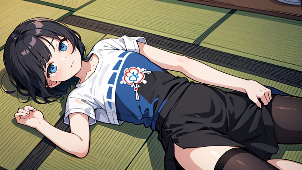 1girl, solo, blue eyes, (detailed eyes), flat chest, short hair, black hair, ((white t-shirt)), simple t-shirt, black skirt, black socks, upper body, ((masterpiece, illustration, best quality)) laying her back on a floor with tea in a traditional Japanese room with Japanese Interior Decoration, Traditional Japanese appearance, environmental design, home decor, japanese house