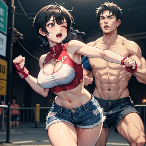 Two men and women facing each other in a street fight。A man is raising his fist at a woman。A female street fighter is crying after being beaten。Covered in bruises。Bloody。shortness of breath。Drooling。Frightened expression。Running out of energy。Sweaty。Short black hair。Open Finger Gloves。Her clothes are ripped and her chest is exposed.。Denim shorts。Erect nipples。One eye closed。Leaning back。A man&#39;s fist hits a woman&#39;s face。