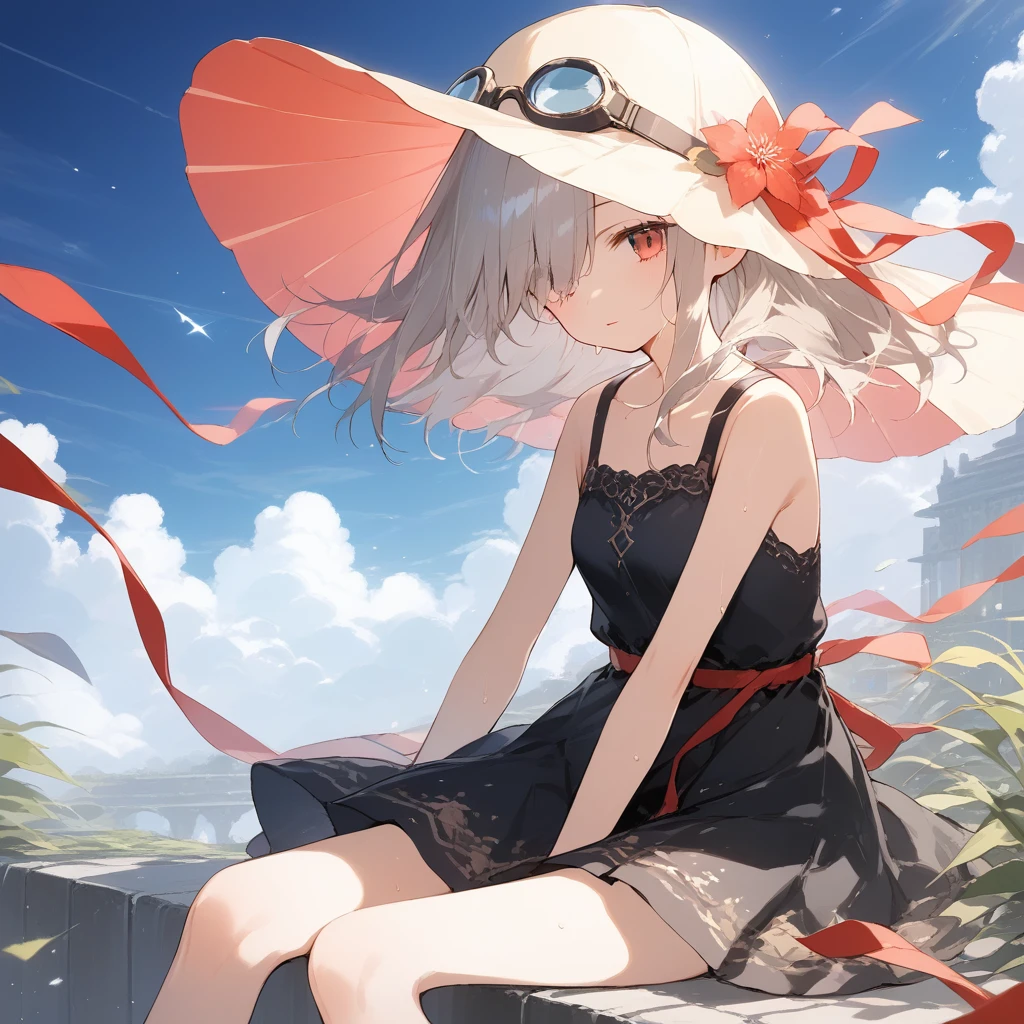 score_9, score_8_up, score_7_up, source_anime, best quality, masterpiece, official art, absurdres, highres, ultra-detailed,waifu2x,Collection: Slice of Life,break,1girl, 15-year-old, short hair, hair over one eye, small breasts, beautiful detailed eyes, well-proportioned iris and pupils, beautiful detailed lips, cap, goggles on headwear, skirt, sit, sweat, expressionless, sleepily, fantasy, outdoors, wind, break,(clear line illustration:1.2),very high resolution, very aesthetic, super detailed skin, Best cinematic lighting powered by famous artist, 8k, beauty illustration,photoshop_(medium),,(Detailed Lighting),best anime 8k konachan wallpaper, pixiv contest winner, 