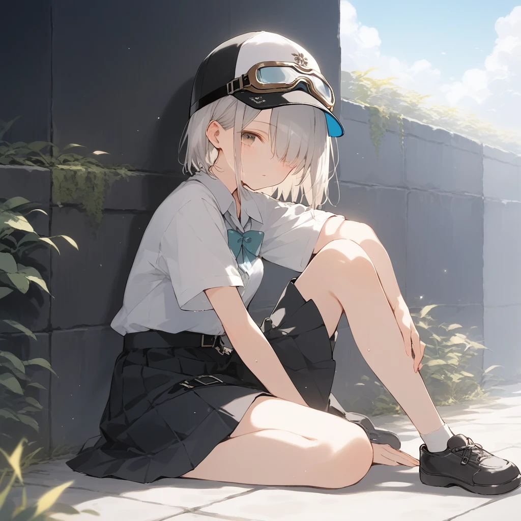 score_9, score_8_up, score_7_up, source_anime, best quality, masterpiece, official art, absurdres, highres, ultra-detailed,waifu2x,Collection: Slice of Life,break,1girl, -yeld, st hair, hair over one eye, small breasts, beautiful detailed eyes, well-proportioned iris and pupils, beautiful detailed lips, cap, goggles on headwear, skirt, sit, sweat, expressionless, sleepily, fantasy, outdoors, wind, break,(clear line illustration:1.2),very high resolution, very aesthetic, super detailed skin, Best cinematic lighting powered by famous artist, 8k, beauty illustration,photoshop_(medium),,(Detailed Lighting),best anime 8k konachan wallpaper, pixiv contest winner,