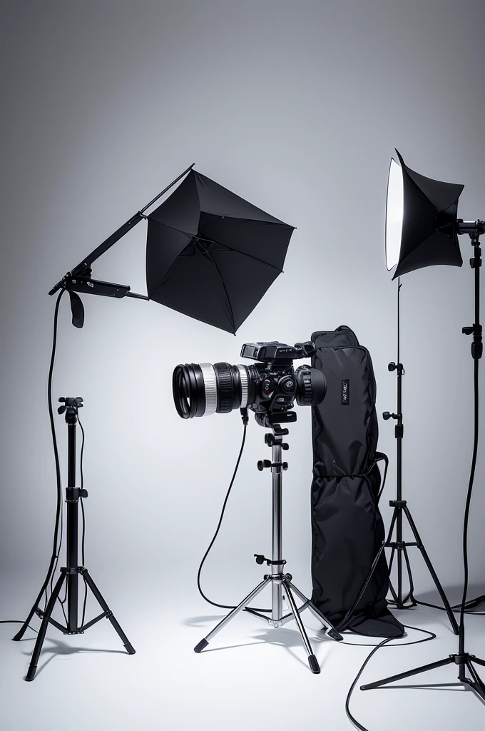 I want a minimalist image that features a complete photo studio, with a variety of equipment such as DSLR or mirrorless cameras, portrait lens, tripod, studio lighting, reflectors, diffusers, white photographic background, 