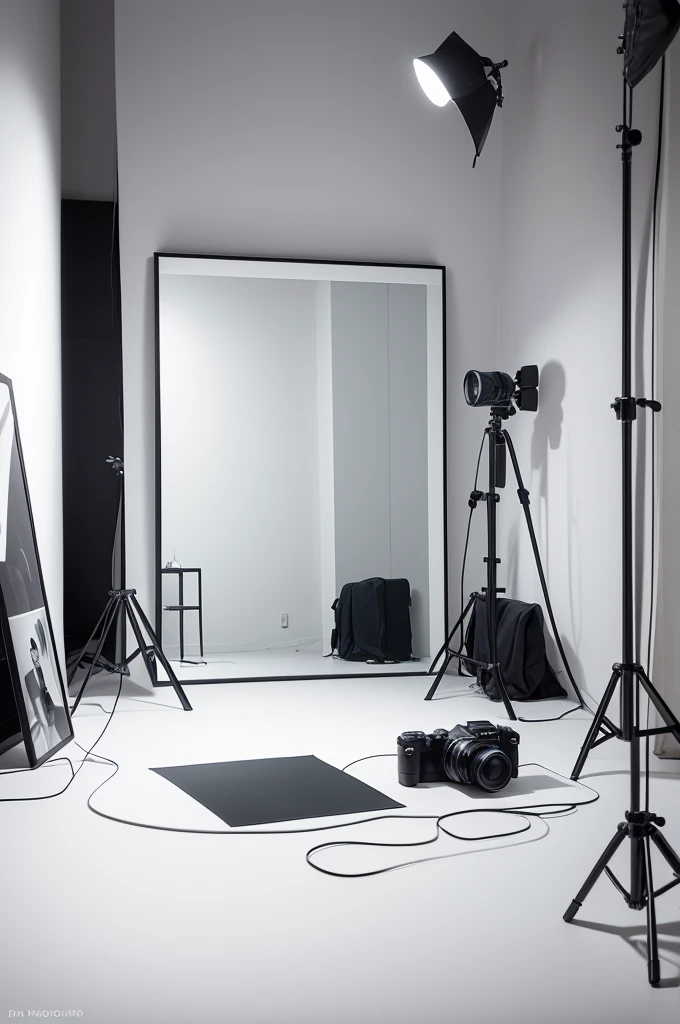 I want a minimalist image that features a complete photo studio, with a variety of equipment such as DSLR or mirrorless cameras, portrait lens, tripod, studio lighting, reflectors, diffusers, white photographic background,