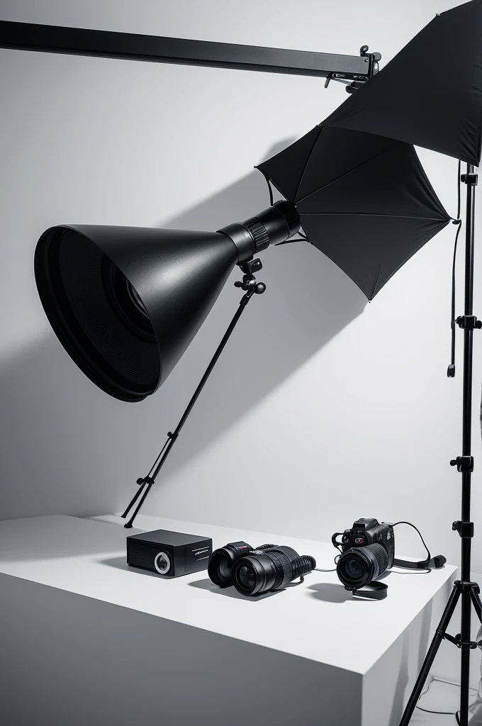 I want a minimalist image that features a complete photo studio, with a variety of equipment such as DSLR or mirrorless cameras, portrait lens, tripod, studio lighting, reflectors, diffusers, white photographic background,