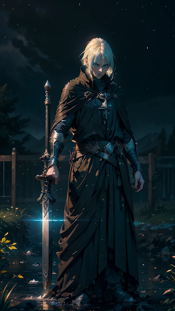 (Best Quality,ultra detailed), artificial raindrops falling, a man standing in the rain, white hair, blue eyes, detailed face(fail),dense ruinscape landscape,majestic and serene nature, shining brightly in the night sky,black medieval outfit, gentle style, drawn black aura sword