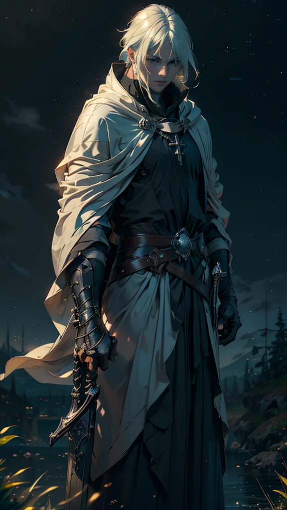 (Best Quality,ultra detailed), artificial raindrops falling, a man standing in the rain, white hair, blue eyes, detailed face(fail),dense ruinscape landscape,majestic and serene nature, shining brightly in the night sky,black medieval outfit, gentle style, drawn black aura sword