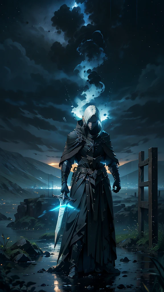 (Best Quality,ultra detailed), artificial raindrops falling, a man standing in the rain, white hair, blue eyes, detailed face(fail),dense ruinscape landscape,majestic and serene nature, shining brightly in the night sky,black medieval outfit, gentle style, drawn black aura sword