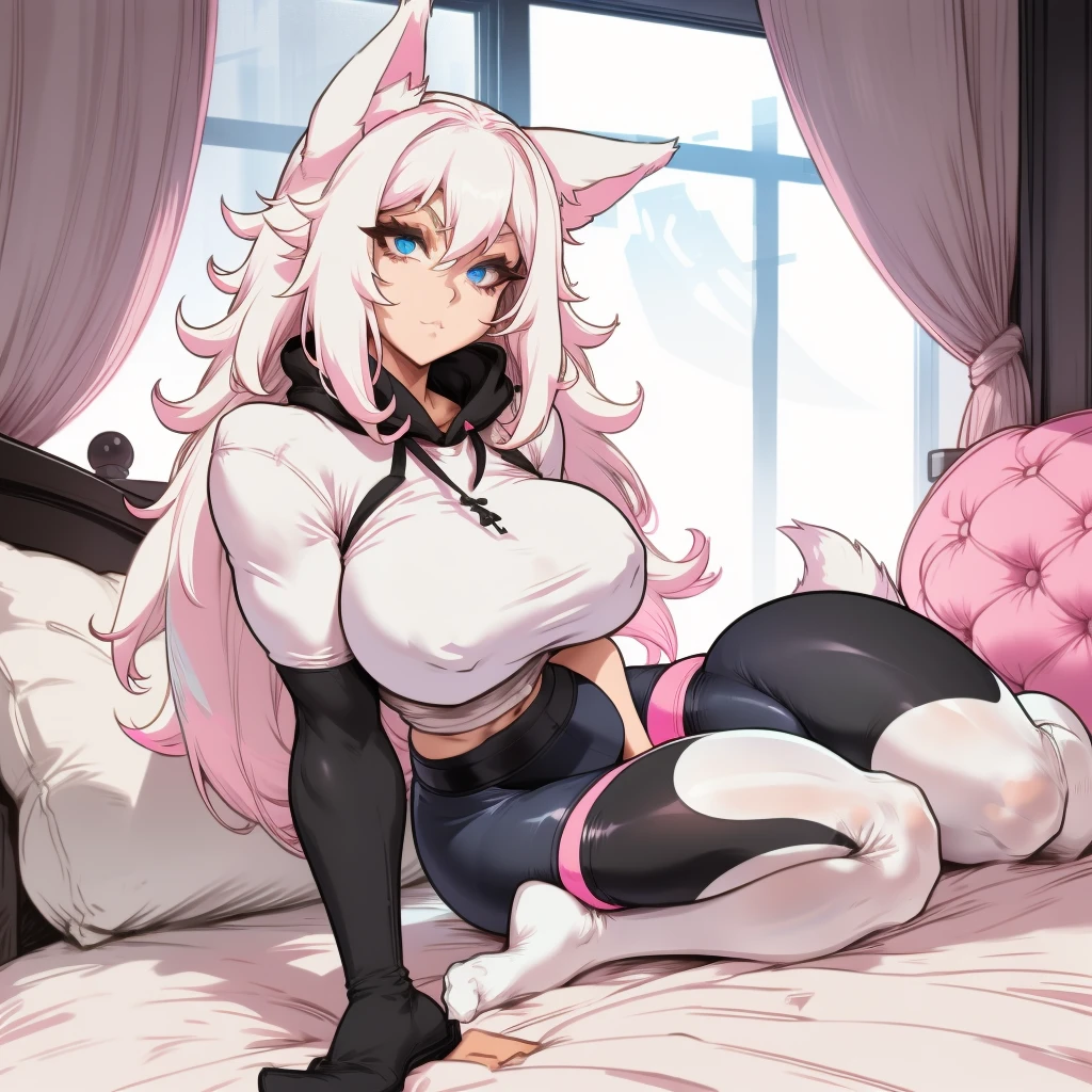 Single girl, Anime girl, Short, Long white hair, wolf ears, wolf tail, blue eyes, wearing cute pink skirt, thigh high socks, black combat boots, solo, large breasts, wide hips, thicc thighs, happy, yoga leggings, wearing cropped black hoodie, solo, alone, bedroom