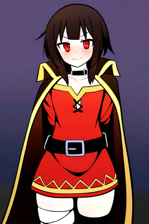 Megumin, kono subarashii sekai ni shukufuku wo!, One girl, alone, Are standing, View your viewers, Have, witch Have, Brown Hair, Long hair short hair, Red eyes, blush, Wicked Smile, Black Choker, clavicle, Flat Chest, off-shoulder dress, dress, red dress, Brown cape, Long sleeve, Black gloves, Fingerless gloves, belt, brown belt, Gold border, zettai ryouiki, Skin Dentition, (Asymmetrical legwear:1.4), Mismatched legwear, (Bandaged leg:1.3), Black knee socks, (Put your arms behind your back:1.3), mature, mature woman, tits, big 、Angel、wing
 