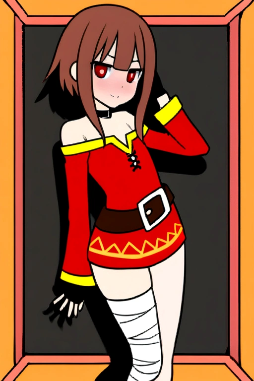 Megumin, kono subarashii sekai ni shukufuku wo!, One girl, alone, Are standing, View your viewers, Have, witch Have, Brown Hair, Long hair short hair, Red eyes, blush, Wicked Smile, Black Choker, clavicle, Flat Chest, off-shoulder dress, dress, red dress, Brown cape, Long sleeve, Black gloves, Fingerless gloves, belt, brown belt, Gold border, zettai ryouiki, Skin Dentition, (Asymmetrical legwear:1.4), Mismatched legwear, (Bandaged leg:1.3), Black knee socks, (Put your arms behind your back:1.3), mature, mature woman, tits, big 、Angel、wing
 