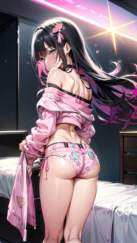 ((best quality,4K,high resolution,masterpiece:1.2)), (whole body:1.2), (Young Girls),(((Love Hotels)))、Contempt、 、Pink and black hoodie、1 Girl, Black Hair, long hair, Sleep, Light Particles, wallpaper, Extra short hot pants,A young girl lies flat on the bed in the bedroom, hugging her knees and showing a cute expression in the sun. Close-up,
slim body, perfect body, an anime printed super tight off shoulder long sleeve crop top, wearing super tight anime print micro shorts, a super aesthetic transparent mini jacket, beautiful hair ornament, pink jordan tennis, being photographed in a mall shop,( undressing, taking off micro shorts, showing neon pink panties, showing thong: 1.5),Denim short, clear and beautiful face、(Cute illustrations:1.2), High resolution, Extremely detailed, For the audience,