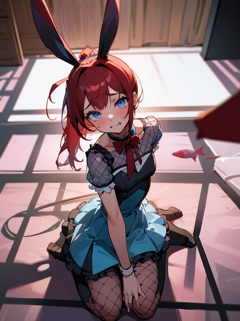Highest quality,High resolution,1People Girl,whole body,look up,looking at the camera,ponytail,Crimson hair,Blue eyes,indoor,Bedroom,Bunny girl,Fishnet tights,Dim lighting,Dripping a lot of saliva,Drooling,Stringy saliva,Open your mouth,Sticking out tongue,Saliva,Tears,cry,