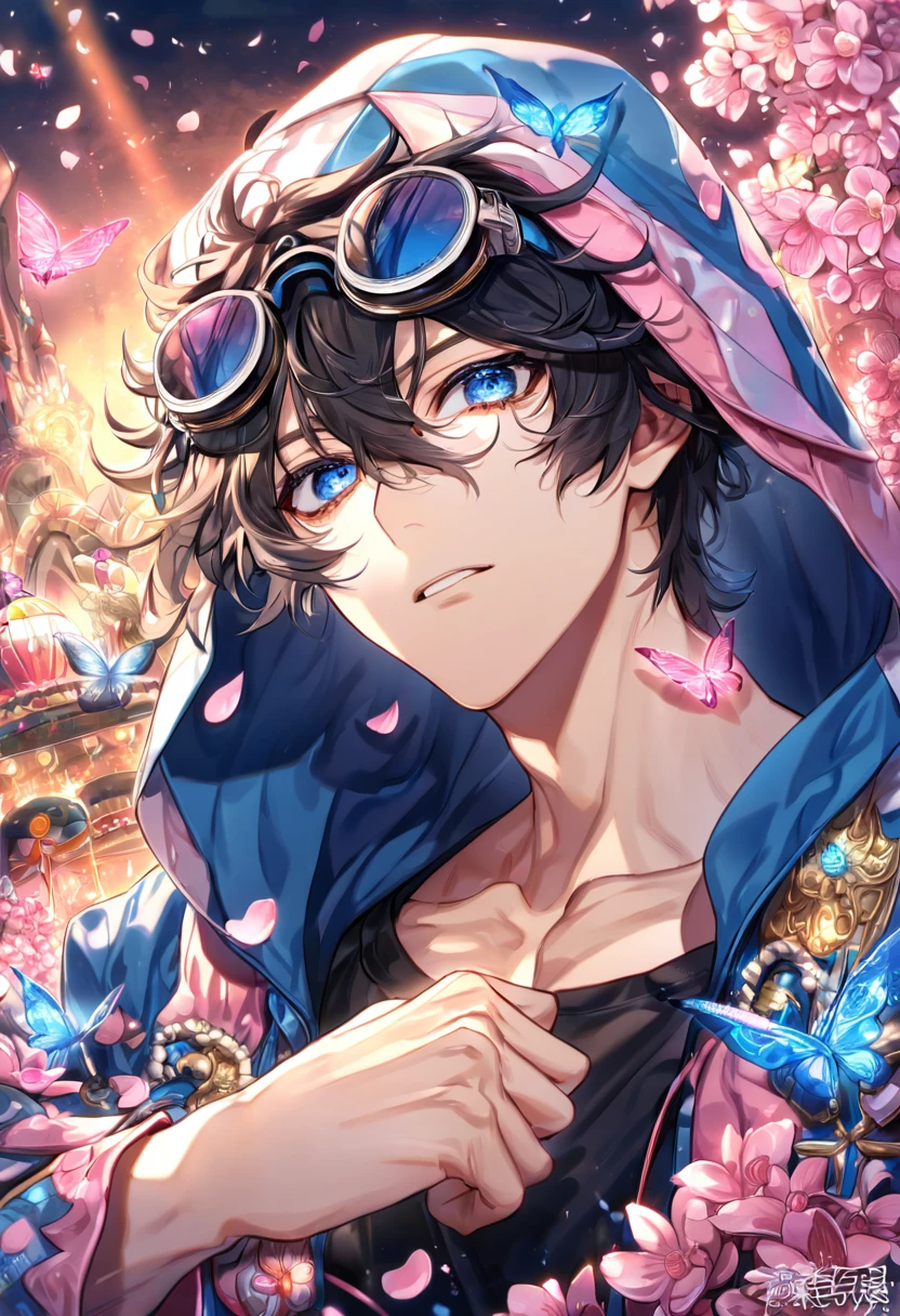 absurdres, highres, ultra detailed, HDR, master piece, best quality, Gareki, messy hair, black hair, hair between the eyes, expressive blue eyes, Karneval, solo, sexy man, handsome, black shirt, a hooded blue coat, a pair of black goggles on the forehead, fantasy, shining, pink flowers, pink blossoms, pink butterflies, pink petals