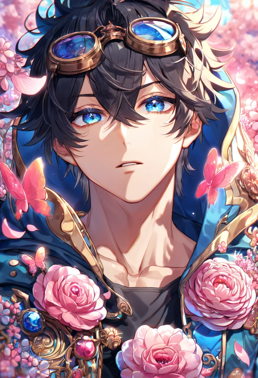 absurdres, highres, ultra detailed, HDR, master piece, best quality, Gareki, messy hair, black hair, hair between the eyes, expressive blue eyes, Karneval, solo, sexy man, handsome, black shirt, a hooded blue coat, a pair of black goggles on the forehead, fantasy, shining, pink flowers, pink blossoms, pink butterflies, pink petals