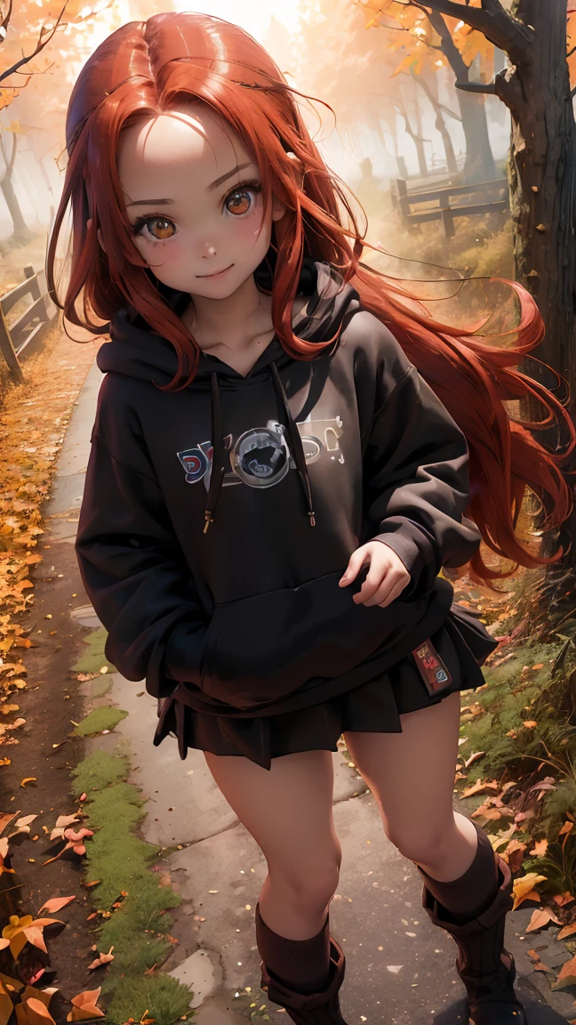 Young girl, (8 years old), (little body, small height), (petite girl: 1.35), (adorable face), (big forehead: 1.2), she has a long flowing hair, (red hair: 1.35), (long hair: 1.35), asian features, (brown eyes: 1.35), brown light eyes, (white skin: 1.35), beautiful detailed eyes, cute young girl, (flat chest: 1.35), (((wearing black skirt, a baggy black hoddie and Over-the-knee socks))), high quality clothes, clothes, high resolution, (detailed clothes), (loose hoddie: 1.35), (autumn forest, sunset, warm light background))), cute, daring girl, (detailed background), (full detailed 8k), (perfectly detailed face), (enhance anatomy), vfx, highres, sharp, focus, (photorealistic artwork: 1.35), (extremely detailed CG unity 8k wallpaper), (((vibrant colors, vibrant theme))), (dynamic pose: 1.5), cool vibes, fashion girl, happy, flirting expression, coquette, (playful attitude), smiling, happy, adorable small gir