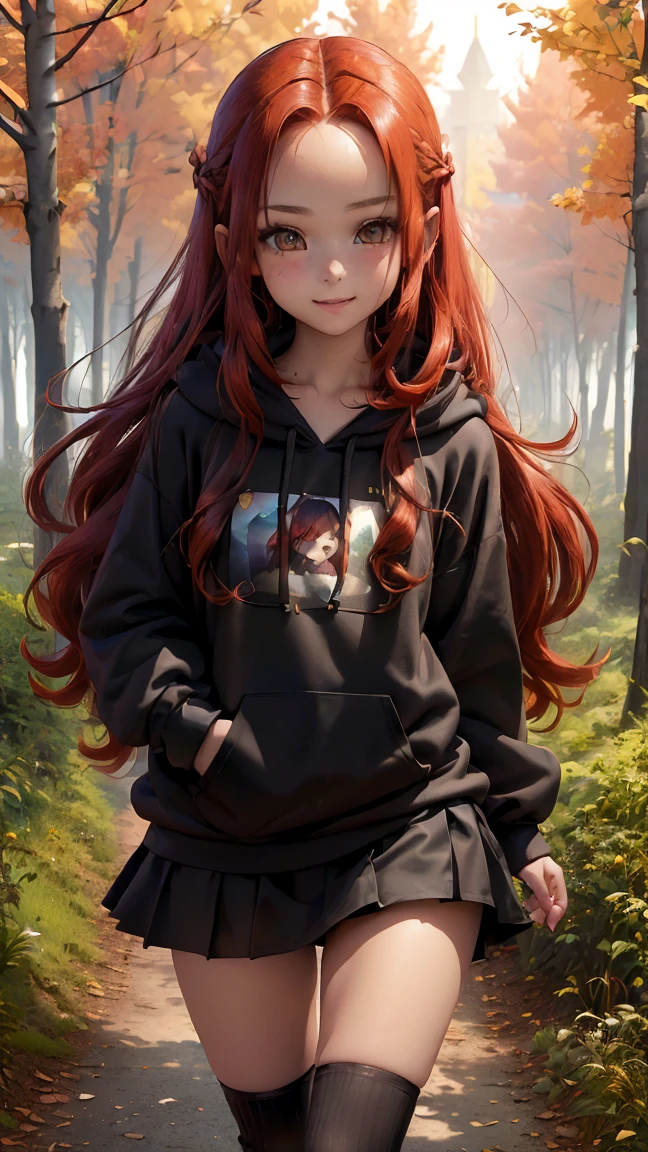 Young girl, (8 years old), (little body, small height), (petite girl: 1.35), (adorable face), (big forehead: 1.2), she has a long flowing hair, (red hair: 1.35), (long hair: 1.35), asian features, (brown eyes: 1.35), brown light eyes, (white skin: 1.35), beautiful detailed eyes, cute young girl, (flat chest: 1.35), (((wearing black skirt, a baggy black hoddie and Over-the-knee socks))), high quality clothes, clothes, high resolution, (detailed clothes), (loose hoddie: 1.35), (autumn forest, sunset, warm light background))), cute, daring girl, (detailed background), (full detailed 8k), (perfectly detailed face), (enhance anatomy), vfx, highres, sharp, focus, (photorealistic artwork: 1.35), (extremely detailed CG unity 8k wallpaper), (((vibrant colors, vibrant theme))), (dynamic pose: 1.5), cool vibes, fashion girl, happy, flirting expression, coquette, (playful attitude), smiling, happy, adorable small gir