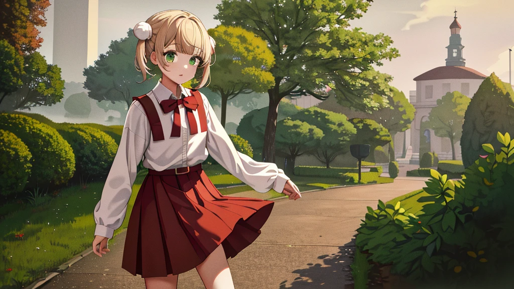 masterpiece, Highest quality, High resolution, ui3, One girl, alone, Green Eyes, Pom-pom \(Clothes\), Apron dress, White shirt, White socks, Long sleeve, Dilapidated, short hair, belt, Red bow tie, bangs, , 青いClothes, Collared shirt, Cowboy Shot,