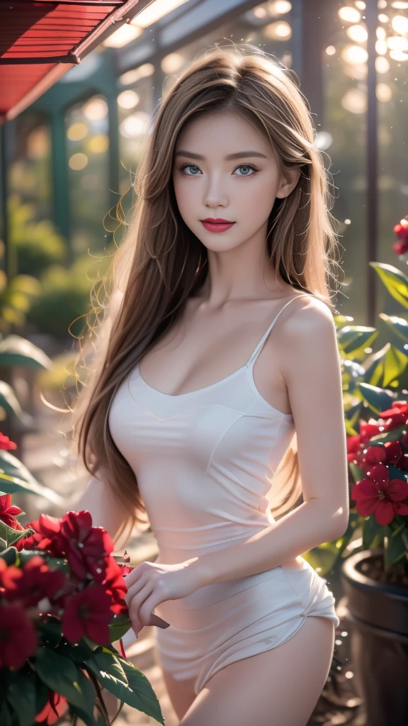 Extremely refined, Astonishing, Fine details, masterpiece, Extremely detailed, high resolution,Best Illustration Award, The best shadow,complex,Clear focus, high quality, 1 female, Solitary, blond. Red Eyes, Genshin Impact, Glass greenhouse, Potted flowers, Flowers for sale, Woman looking at flowers, Flowers everywhere