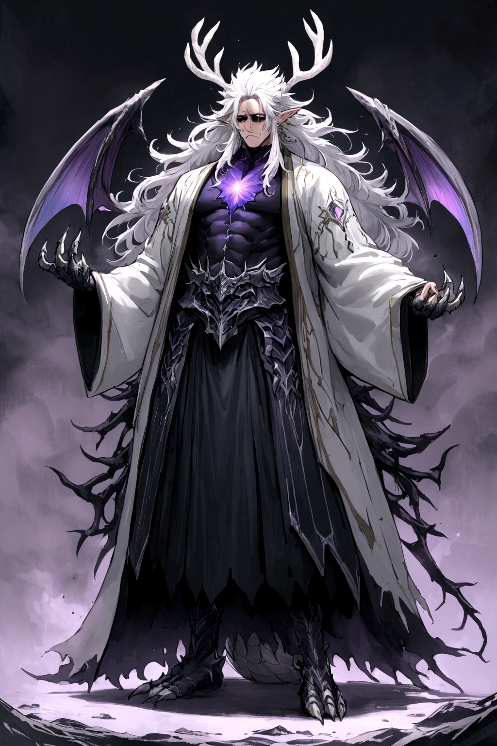 solo, 20 year old male, character fusion,  nidhogg fused with odin and sun wukong, tall tanned man with wild unruly white hair, bangs on face, bangs, ((iridescent irises)), black sclera on eyes, long voluminous hair, spiky hair, pointy ears, fit , clawed fingers, dragon tail, open haori, turtleneck tanktop, manly jaw, dark crystal antlers, exhausted expression, khaenr'ah abyss, draconic person, calamity incarnate,  full body