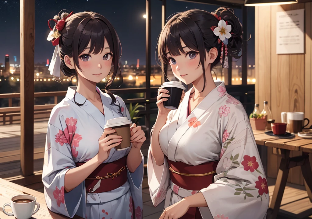 ((Highest quality)), ((masterpiece)), (detailed), One girl, yukata, Drink coffee, night,indoor, Perfect Fingers, Large Breasts