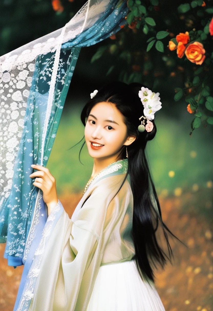 photography,Inspired by Song Huizong,4K
polaroid,high details,a 17 yo girl,photo by Ren hang,solo,looking at viewer,smiling,hanfu,lace,multi -layer  and embroidered silk fabric,elegant,rich colors,expressive eyes,jade accessories,silk texture,pearl jewelry,rose petals,long_hair,hime cut,wavy hair, dynamic perspective