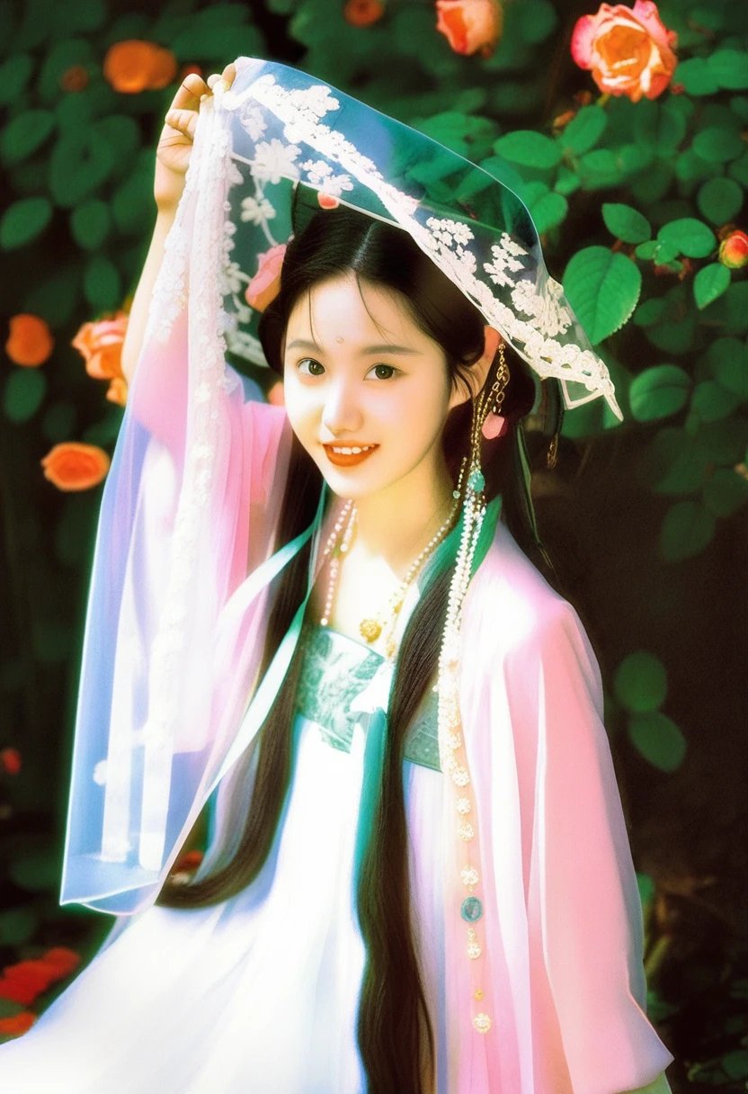 photography,Inspired by Song Huizong,4K
polaroid,high details,a 17 yo girl,photo by Ren hang,solo,looking at viewer,smiling,hanfu,lace,multi -layer transparent and embroidered silk fabric,elegant,rich colors,expressive eyes,jade accessories,silk texture,pearl jewelry,rose petals,long_hair,hime cut,wavy hair, dynamic perspective