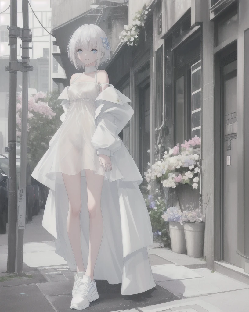 Girl with long platinum light sand hair ., big Blue eyes, wearing a white translucent short dress, which exposes the chest a little, beige sneakers, beige off-shoulder jacket,  standing on the sidewalk, beautiful flowers nearby , she smiles, looks at the viewer, confused look, full length, , a slim body, masterpiece, high quality 