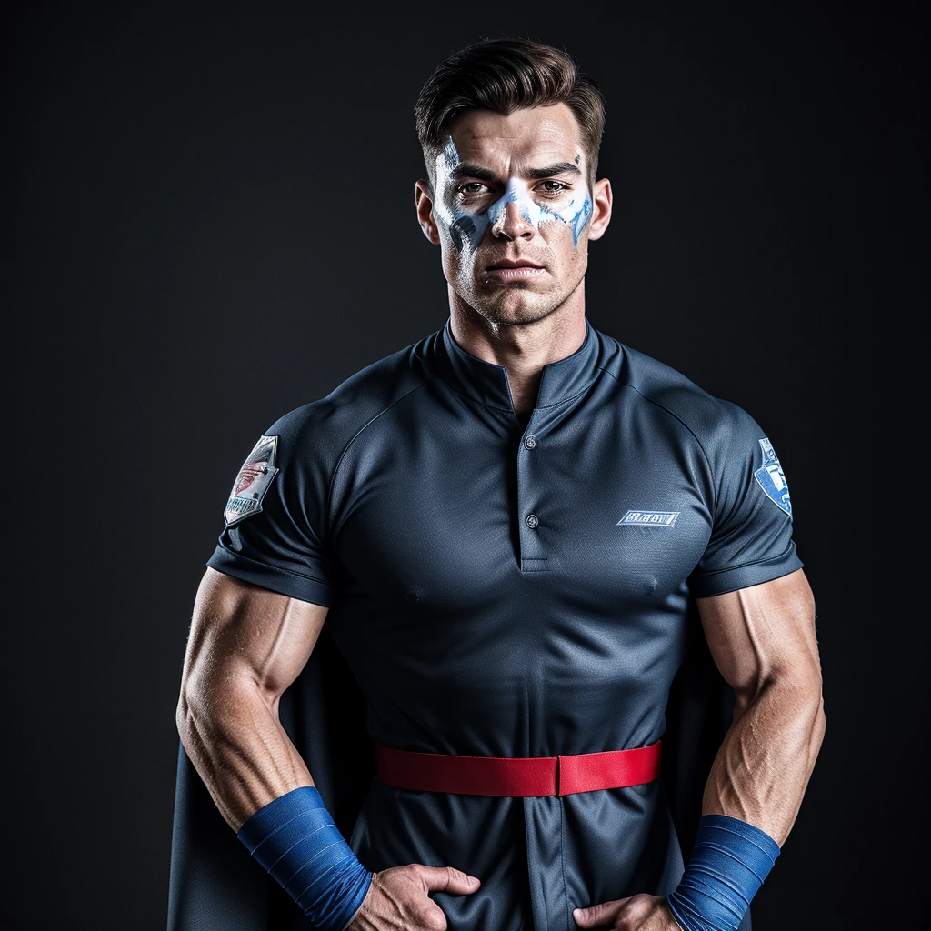 A realistic 3D male model in full body composition, wearing a full body hero suit and cape in the pattern of a professional baseball uniform, a very short haired, crew cut, cool, dandy-like, veteran-aged man with a shiny, sparkling blue cape that is longer than his body, gloves and a cap are always worn, an original hero, only the eyebrows, eyelashes and eyes are visible, his mouth is bandaged and sealed, the upper half of his face is bare with a sharp gaze, he has six pack abs, a muscular macho man with a sturdy body, he has both legs closed, his hands are clasped behind his back in an X shape, his whole body is bound and sealed with duct tape and he is held down. He has collapsed from exhaustion and is sleeping with his eyes closed. A coat of arms, in a dark room background, his whole body facing forward, backward, left and right (north, south, east and west), an image of him being restrained and mummified.