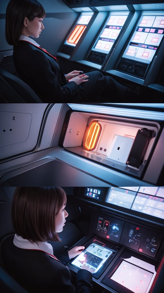Here is the English translation:

"Trapped inside a capsule.
The inside of the capsule has various switches and buttons.
A capsule that looks like a futuristic life support device.
There is a girl inside the capsule.
The girl is looking up.
I am looking down at the girl."

Here is the English translation:

"A girl wearing a suit similar to those in Evangelion.
A space filled with light.
Switches glowing in various colors."
