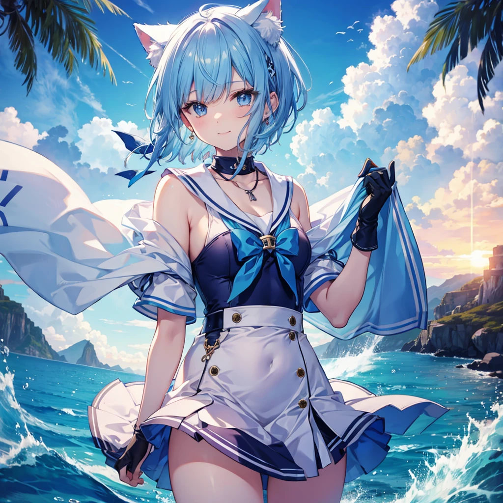 Blue Hair　blue eyes　short hair　Have　student　Cat ear　nice　Blue Earrings　necklace　gloves　beauty　thin　Sailor suit　Fantasy　smile　sunset　Fluffy hair
