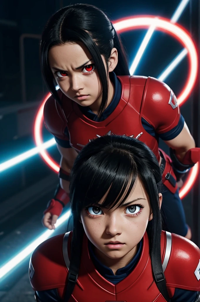 A screenshot of my Hero Academia.
Girl with black hair and red rays, Straight and long, phosphorescent red eyes and a furious expression he is wearing the UA uniform and in the background is the UA class