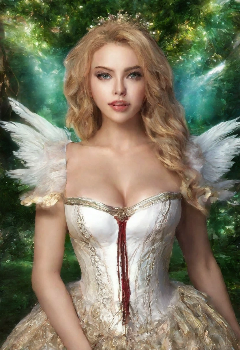 the overall theme and style should feel like. ahybrid of fairytale and Science Fiction. extremely beautiful model, 20 years old female, long Golden-yellow hair, hair that has a mettalic glimmer and sheen. realistic, perky breasts, cleavage,, oppulentform fitting hooped skirt, red corset, large tiara. Wide Smile, Eyes Detailed & Wide, Dynamic Pose. Ultra HD, Rococo-Inspired Fantasy Art With Intricate Details. Cute, Charming Expression, Alluring-Gaze, looking at viewer Beautiful Eyes, An-Ideal-Figure. Large Youthful Well-Shaped-Breasts, Attractive ass showcased. Massive-Round-Bosom, Décolletage. slim waist, fit body, full lipsWarm lights , woman in a dreamy forest at night, with fluffy hair, delicate face, realistic, real, slim, large aperture, sexy shots, attractive poses, Stunningly beautiful merge  of Scarlett Johanson. Alison Brie, Selena Gomez. symmetrical face, photorealistic, photography, path tracing, specular lighting, volumetric face light, path traced hairmaximum quality{(masutepiece) (8K High Resolution) (top-quality)
