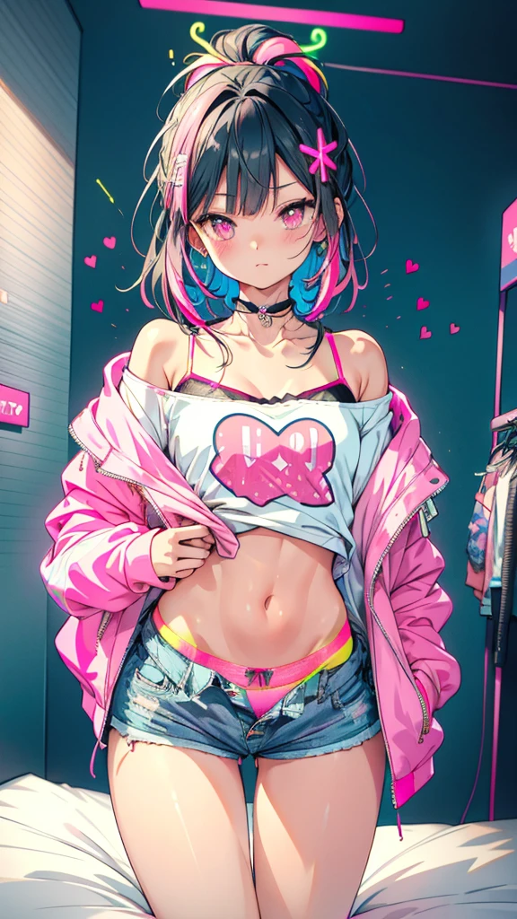 ((best quality,4K,high resolution,masterpiece:1.2)), (whole body:1.2), (Young Girls),(((Love Hotels)))、Contempt、 、Pink and black hoodie、1 Girl, Black Hair, long hair, Sleep, Light Particles, wallpaper, Extra short hot pants,A young girl lies flat on the bed in the bedroom, hugging her knees and showing a cute expression in the sun. Close-up,
slim body, perfect body, an anime printed super tight off shoulder long sleeve crop top, wearing super tight anime print micro shorts, a super aesthetic transparent mini jacket, beautiful hair ornament, pink jordan tennis, being photographed in a mall shop,( undressing, taking off micro shorts, showing neon pink panties, showing thong: 1.5),Denim short, clear and beautiful face、(Cute illustrations:1.2), High resolution, Extremely detailed, For the audience,
