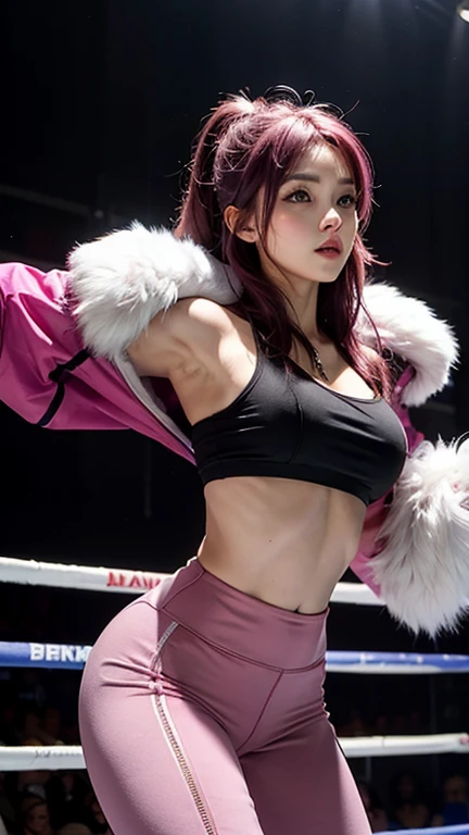 Fighter beautiful girl dark pink hair huge breasts wearing a bare-chested hoodie fur coat wearing a leggings sexy post in the boxing ring.