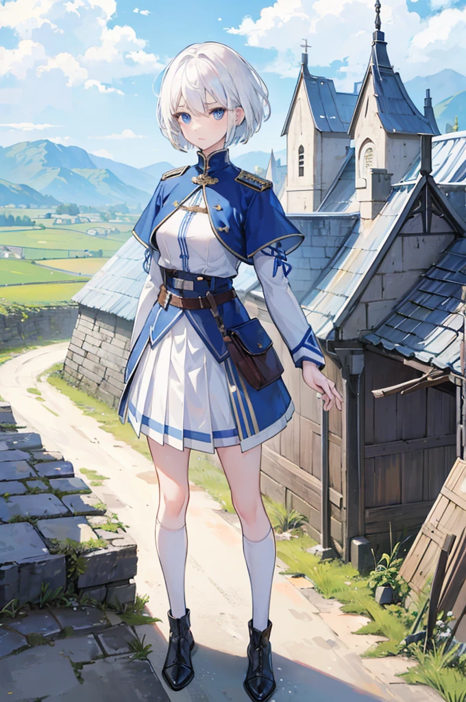 1girl, white hair, short hair, blue eyes, , adventurer, white and blue military uniform, pleated skirt, full body, standing, upright, medieval setting, small village, wooden buildings, grass, dirt, good proportions, detailed face, looking towards the viewer, determined expression,