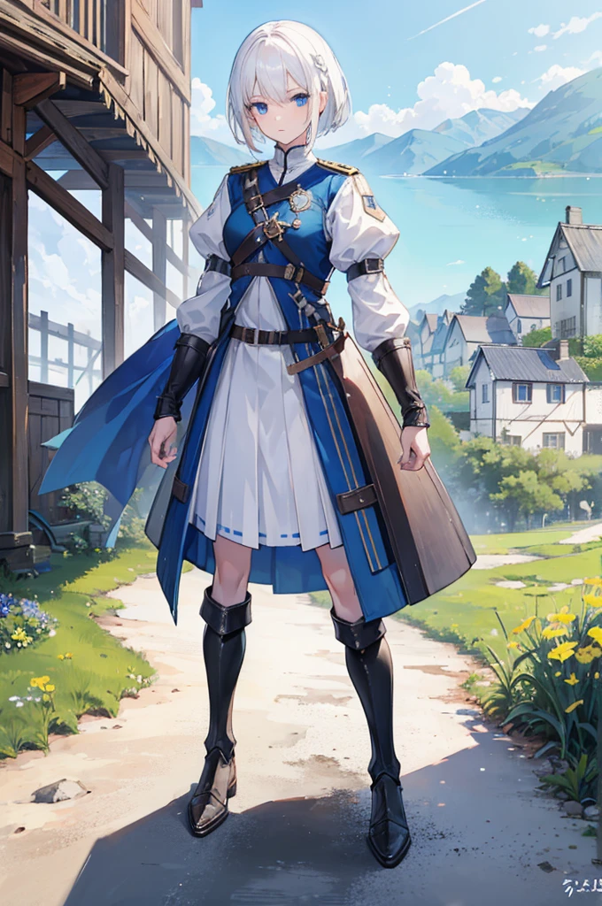 1girl, white hair, short hair, blue eyes, , adventurer, white and blue military uniform, pleated skirt, full body, standing, upright, medieval setting, small village, wooden buildings, grass, dirt, good proportions, detailed face, looking towards the viewer, determined expression,