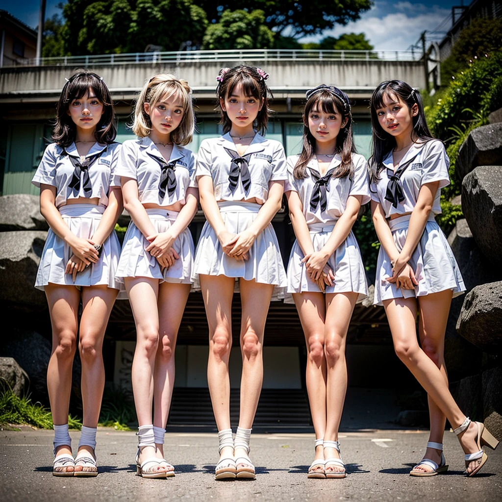 ((ExtremelyDetailed (12 KAWAII Girls in a row:1.37) in WHITE at Dusk Enoshima Beach)), (masterpiece 8K TopQuality) (ProfessionalPhoto:1.37), {(Standing Full Body:1.2)|(from below:1.2)}, Different types of hair colors, {School Uniform|naked bandage|tutu}, PUNIPUNI, Joyful Expressions LifeLike Rendering, PerfectLighting, (Upskirt:0.22), [RainbowColorHorizon]